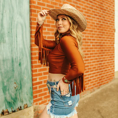 Camel Crop Long Sleeve Fringe Top
